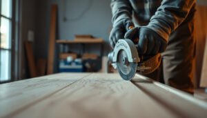 A person demonstrating how to cut parquet floors with precision and safety techniques.