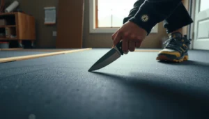 Step-by-step process of cutting rubber floors for installation or repairs.