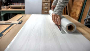 A person demonstrating how to cut sheet vinyl floors with a straight edge and utility knife.