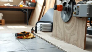 A person using a wet saw to cut travertine tiles for flooring installation.