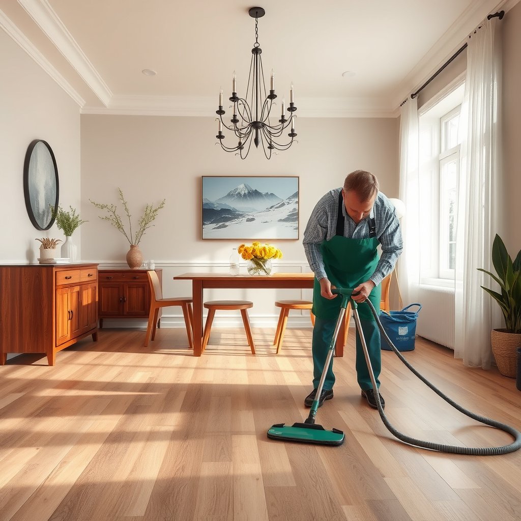 A simple daily and weekly routine for maintaining laminate floors in a dining room.