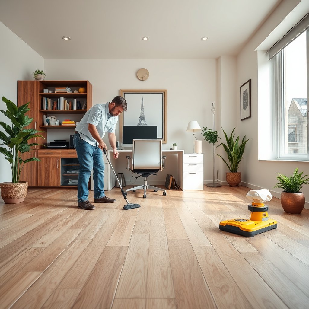 Cleaning laminate floors in a home office with a mop and cleaning solution for daily and weekly care.