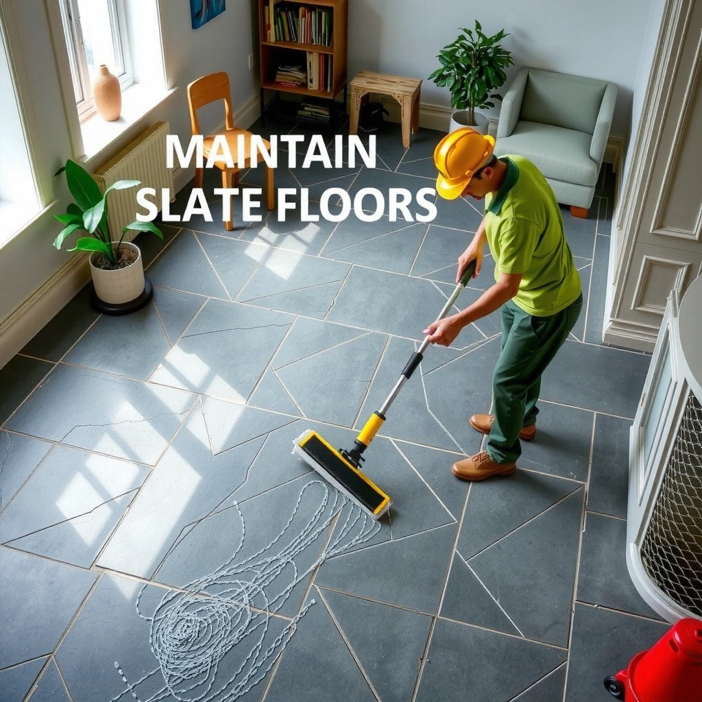 A person cleaning slate floors with a mop and bucket, demonstrating daily and weekly maintenance techniques.