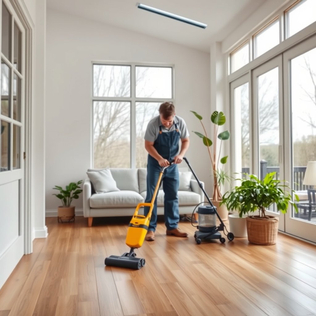 Cleaning vinyl floors in a sunroom to keep dirt and grit off, ensuring proper maintenance.