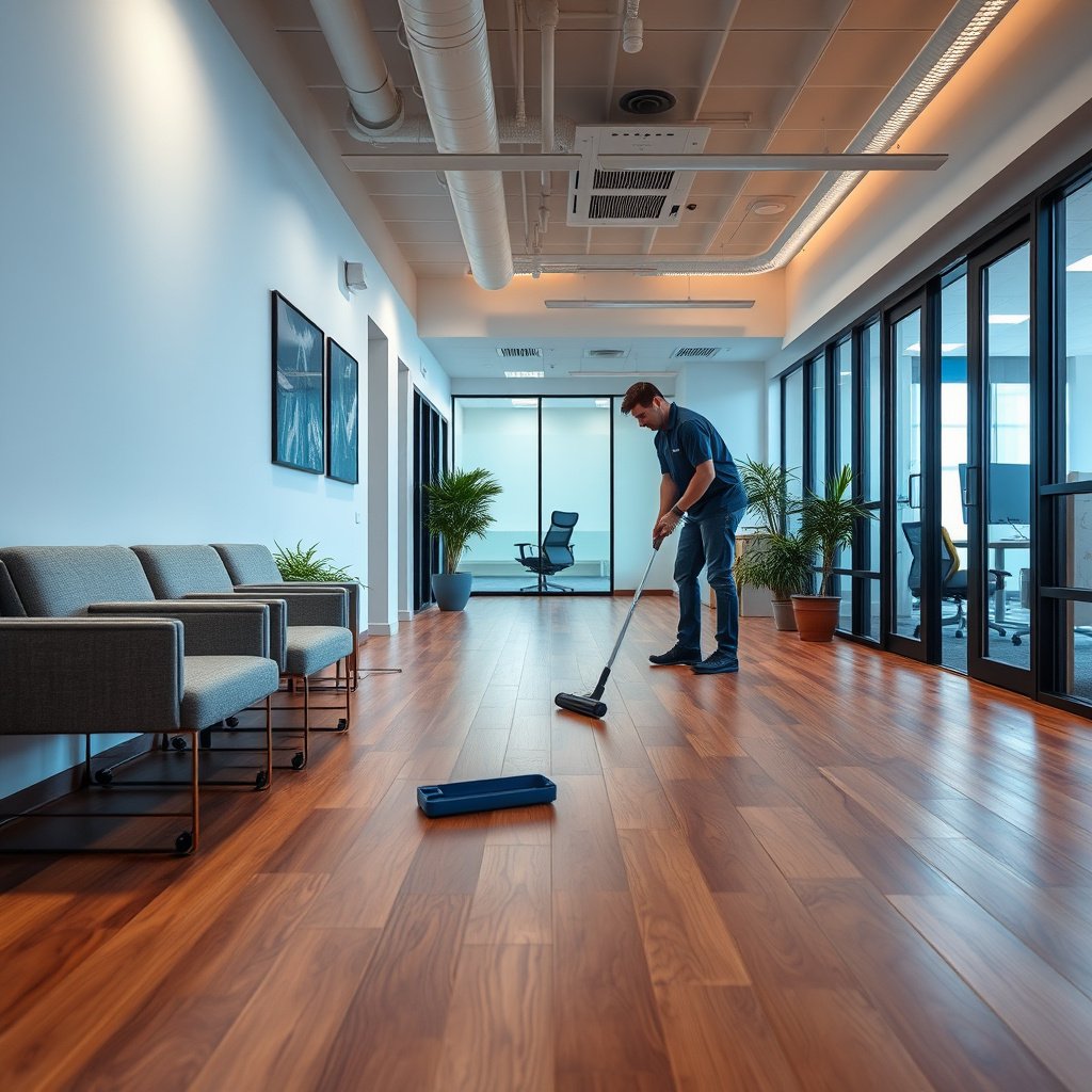 Routine maintenance tips for hardwood floors in a commercial office to prevent grit and finish wear.