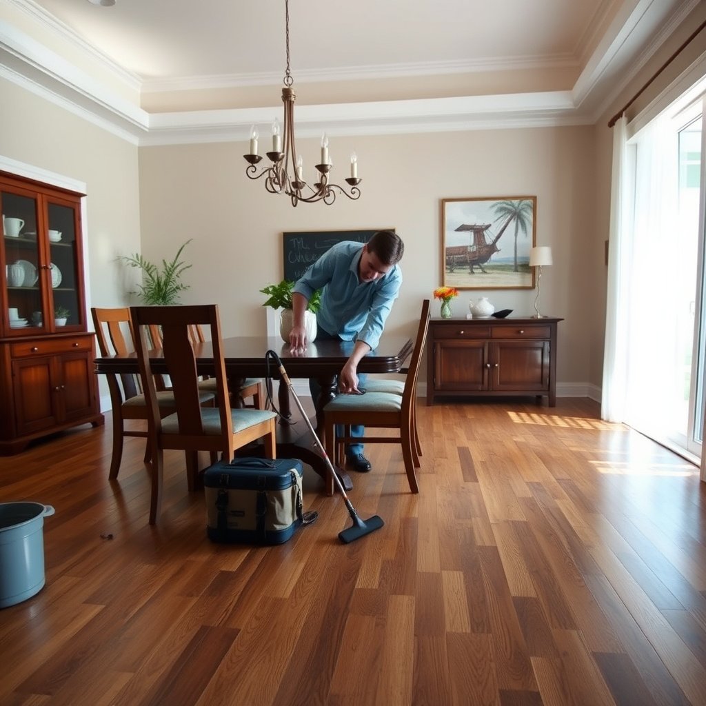 Person cleaning hardwood floors in a dining room, demonstrating daily care tips for maintenance.