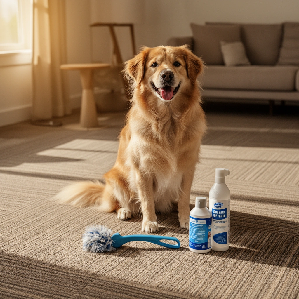 A simple daily and weekly maintenance routine for carpet tiles, showcasing cleaning tools and methods.