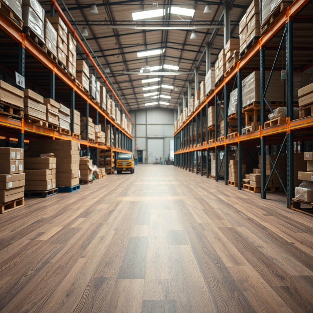 Person cleaning laminate floors in a warehouse to prevent grit wear and maintain cleanliness.