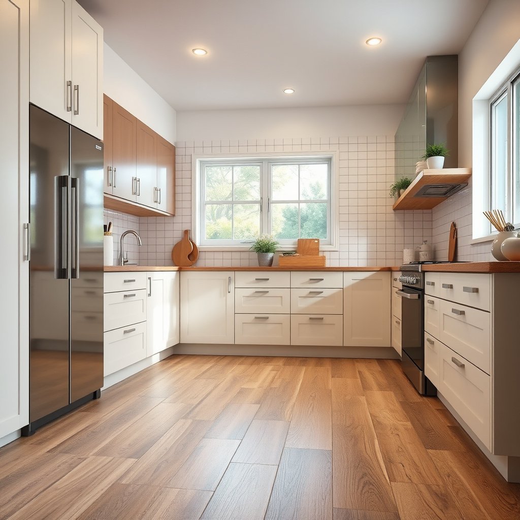 Person cleaning laminate kitchen floors with a mop and cleaning solution for daily maintenance.
