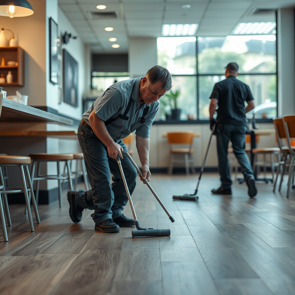 A staff member performing daily cleaning of laminate floors in a restaurant setting.