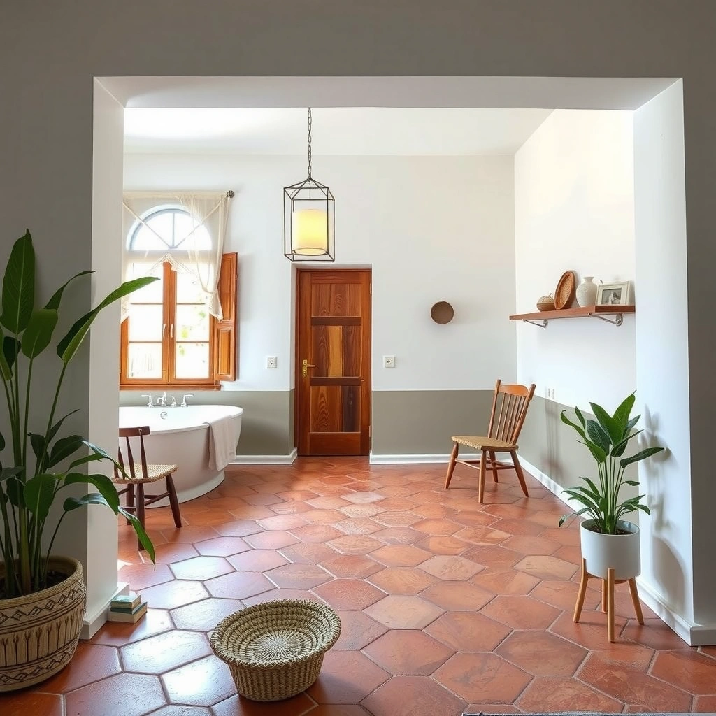 Person cleaning terracotta floor with a mop as part of daily maintenance routine.