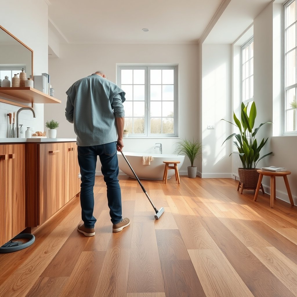 A person cleaning wood-look tile floors to prevent dulling and maintain shine.