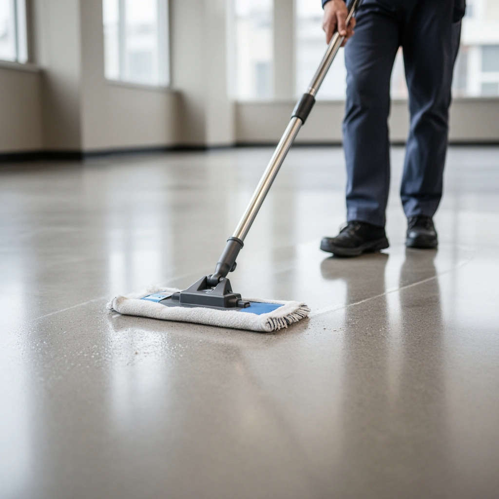 A person cleaning a commercial floor to prevent soil from grinding in during daily maintenance.
