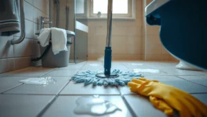 Step-by-step guide to deep cleaning bathroom floors with cleaning supplies and techniques.