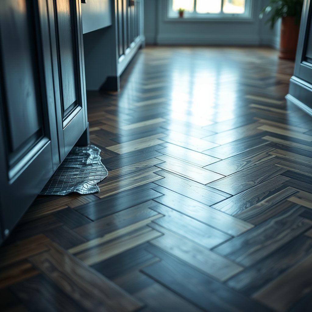 A person deep cleaning chevron floors using controlled moisture and a suitable cleaner.