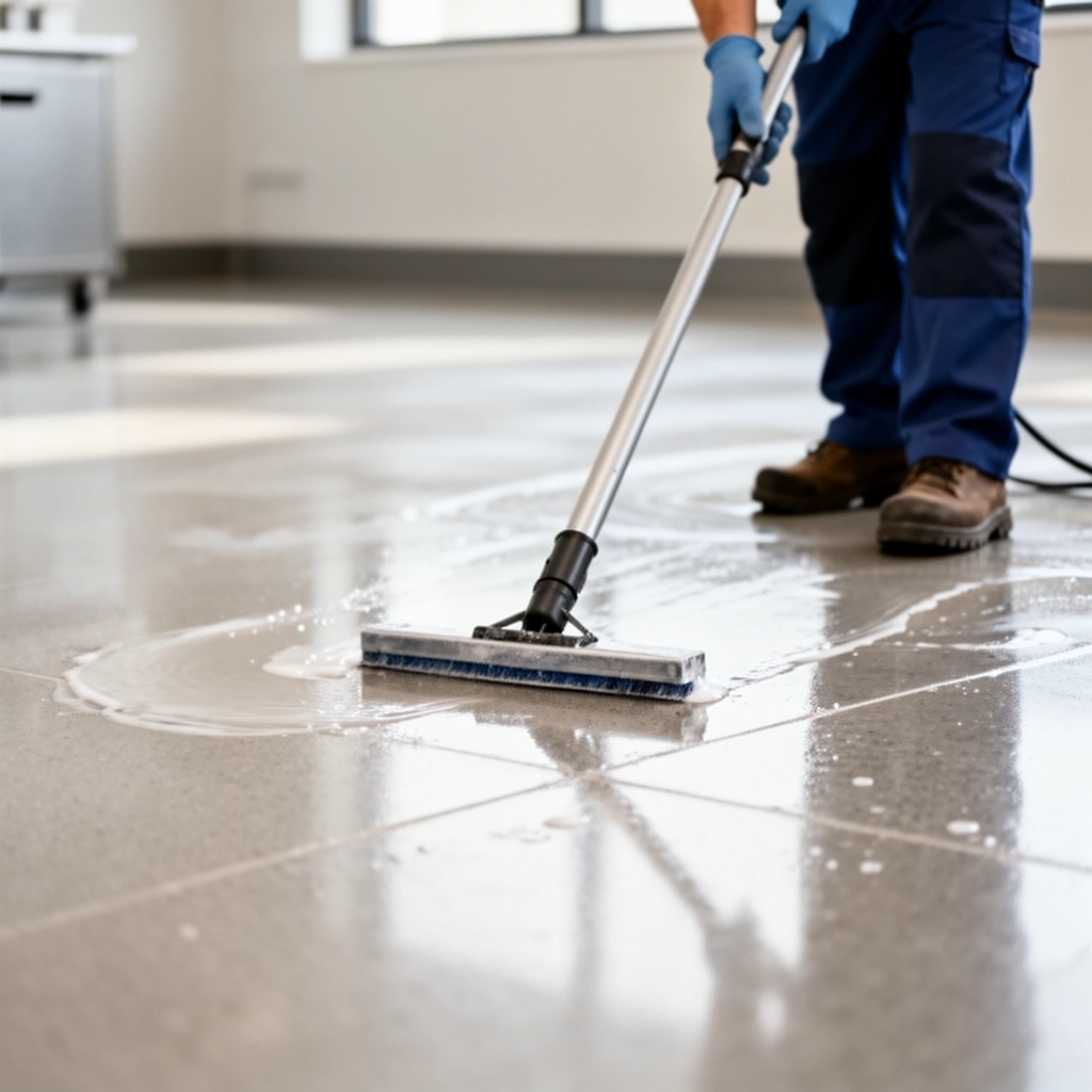 Deep cleaning process for commercial floors, removing failed coatings and residue effectively.