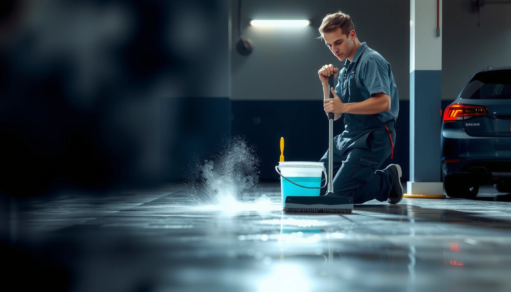 Step-by-step guide for deep cleaning concrete floors with cleaning tools and solutions.