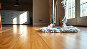 A person deep cleaning hardwood floors to remove dust quickly and effectively.