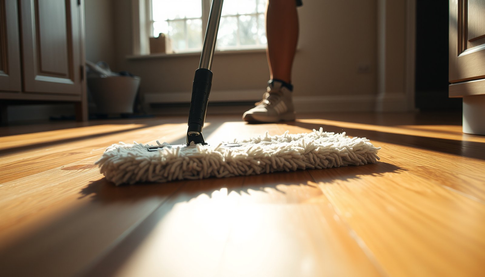 A person deep cleaning hardwood floors to remove food stains with cleaning supplies and tools.