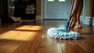 A person deep cleaning hardwood floors to remove fine dust and dirt effectively.