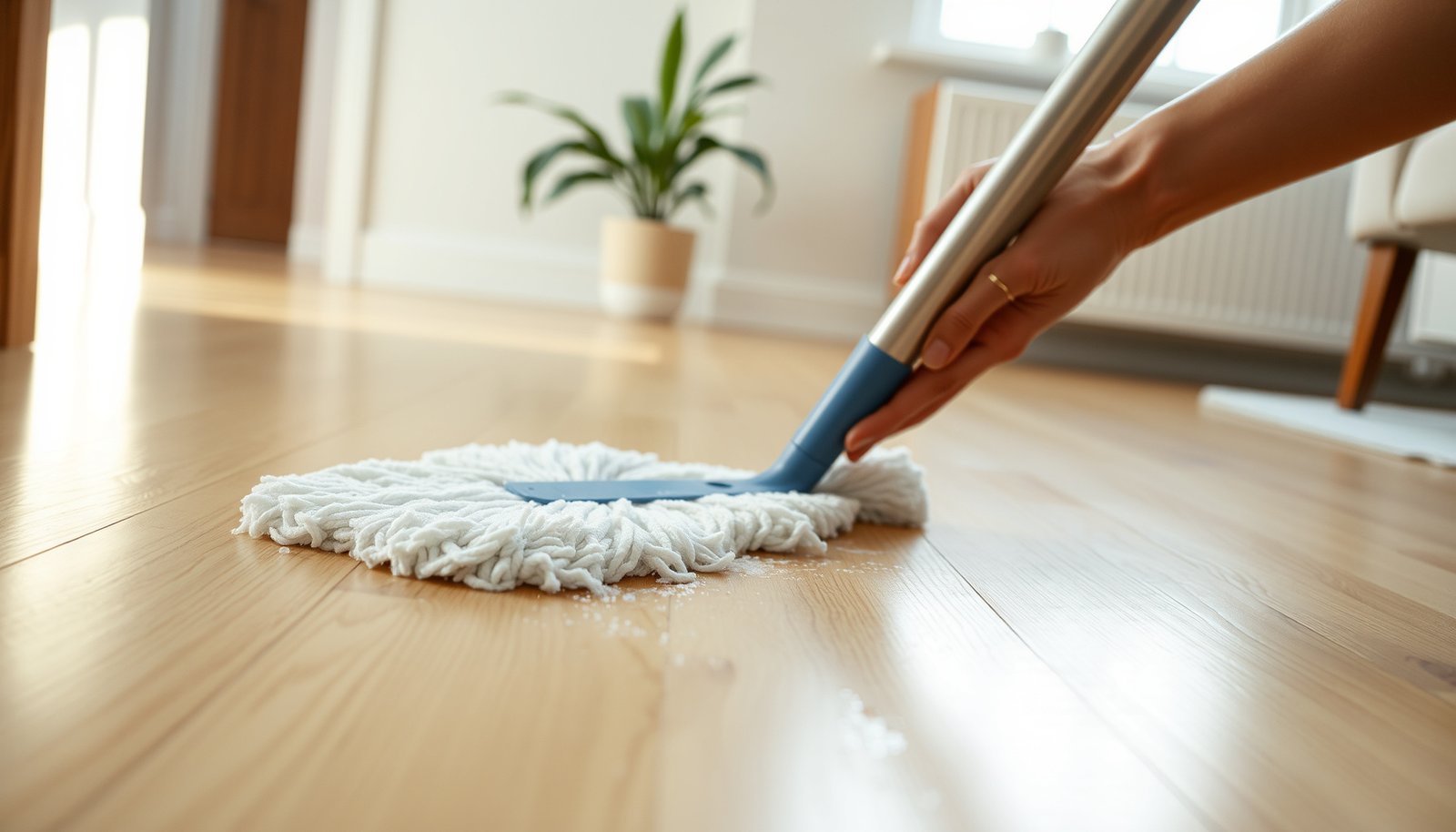 A person deep cleaning hardwood floors to remove mineral deposits with a mop and cleaning solution.