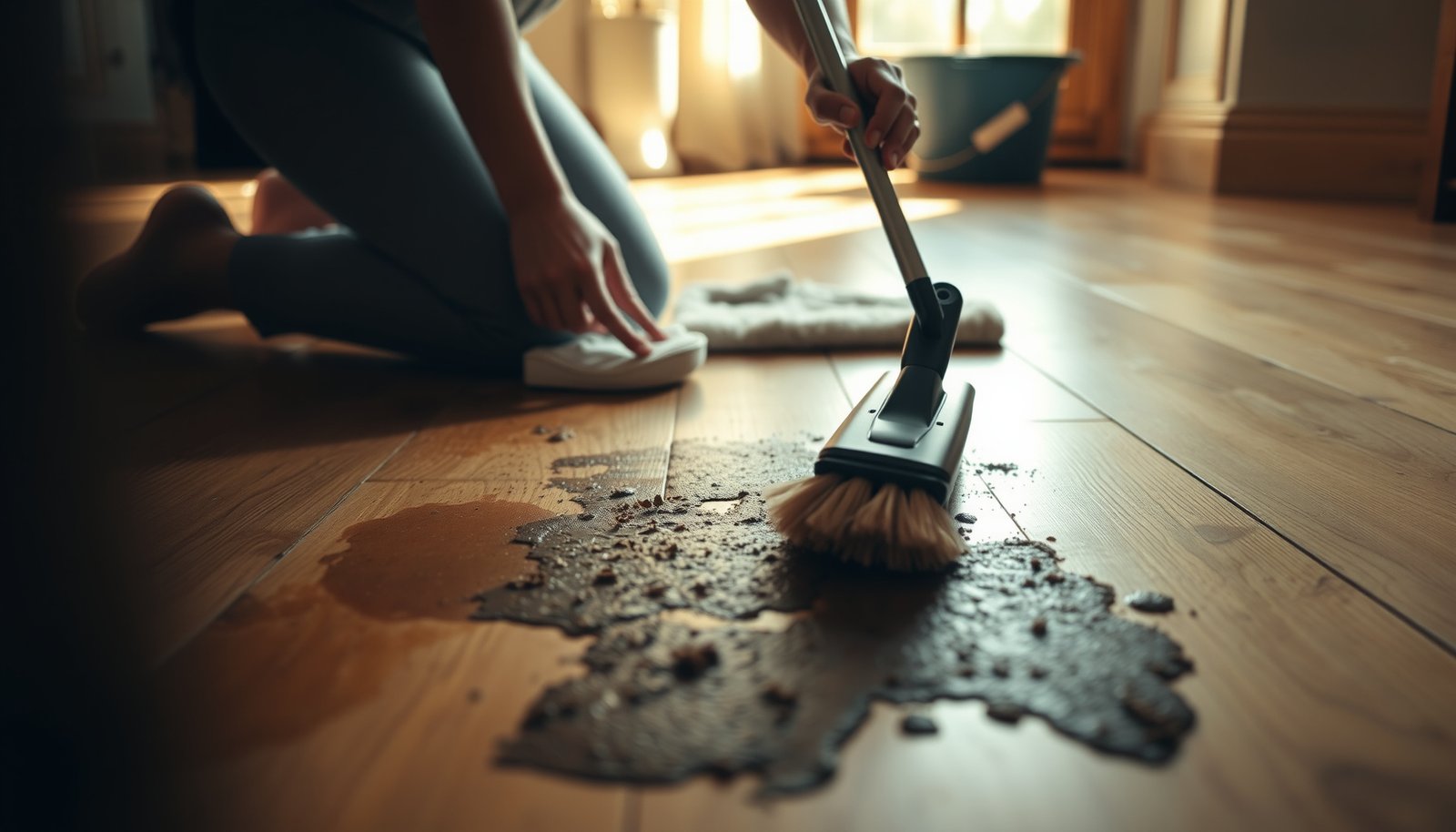 A person deep cleaning hardwood floors to remove mud and dirt using a mop and cleaning solution.