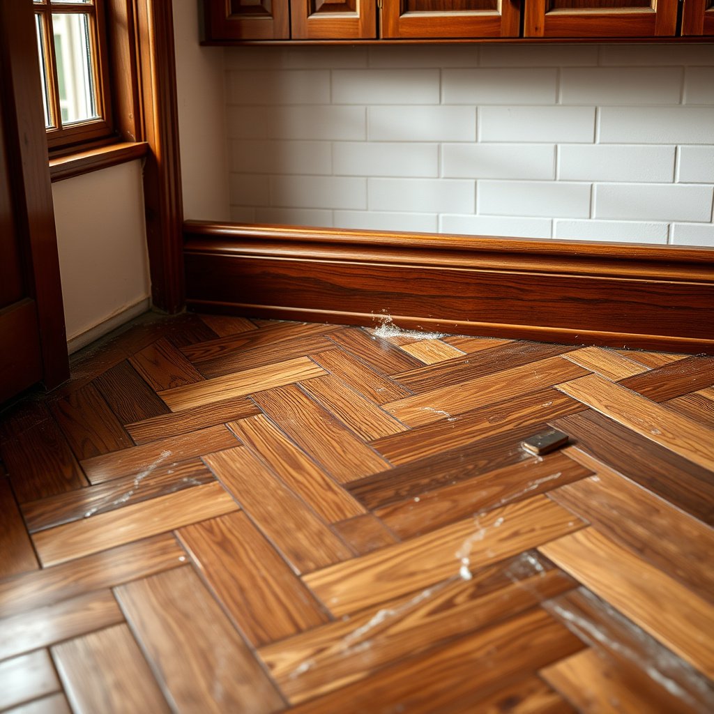 Step-by-step process of deep cleaning herringbone floors in passes, focusing on seams.