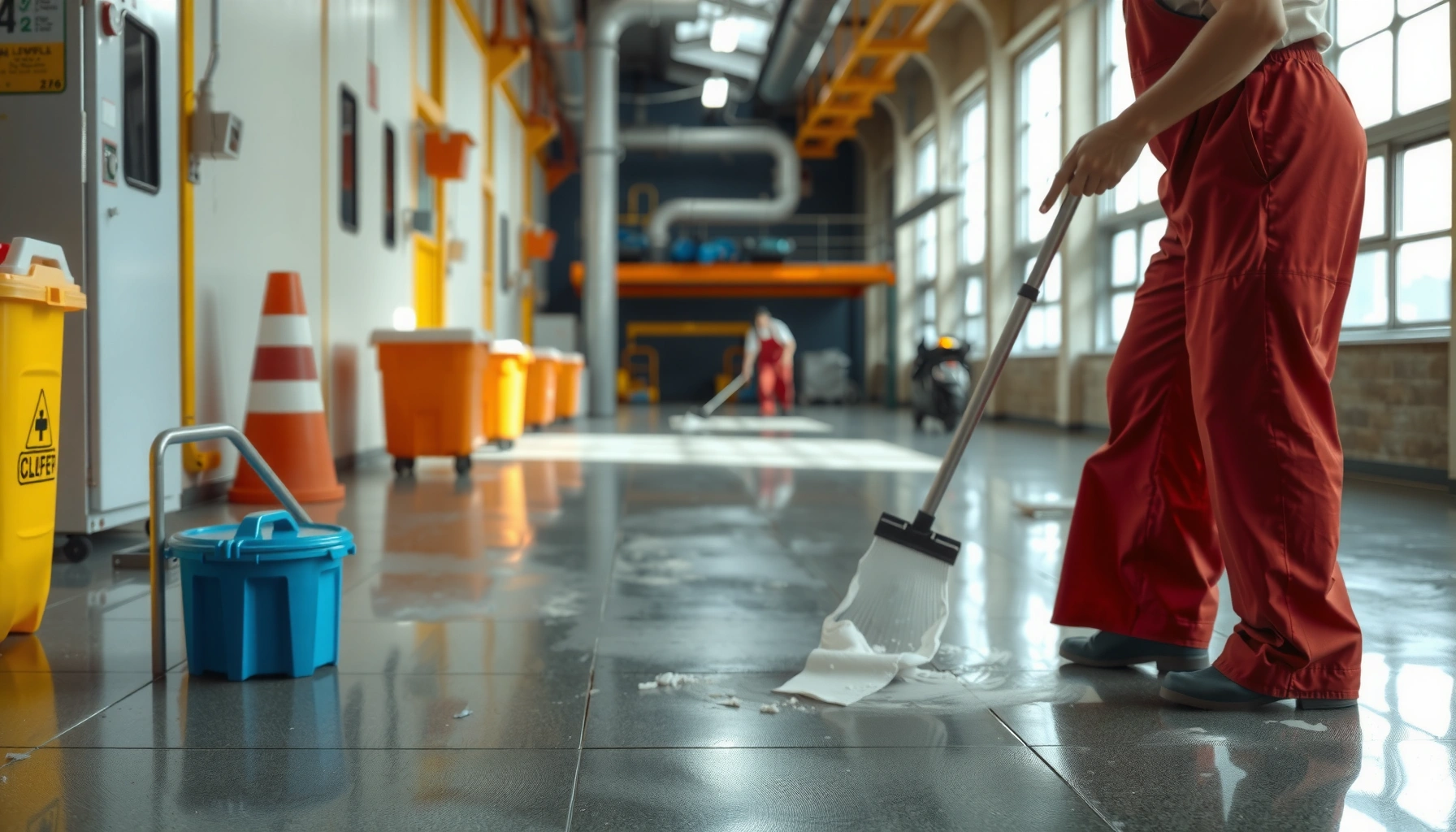 Step-by-step method for deep cleaning industrial floors with cleaning equipment and techniques.