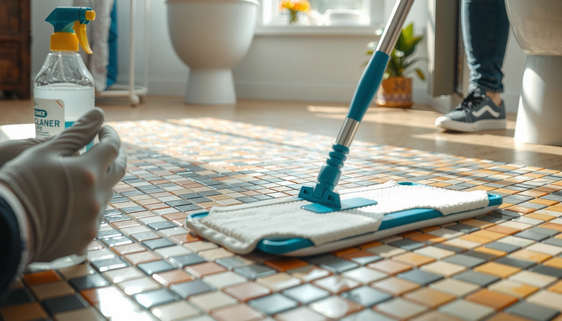 Step-by-step guide for deep cleaning mosaic tile floors with tools and techniques.