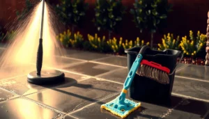 Step-by-step guide on deep cleaning outdoor floors with various cleaning tools and techniques.