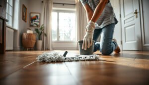 A person deep cleaning parquet floors with safe cleaning products and equipment.