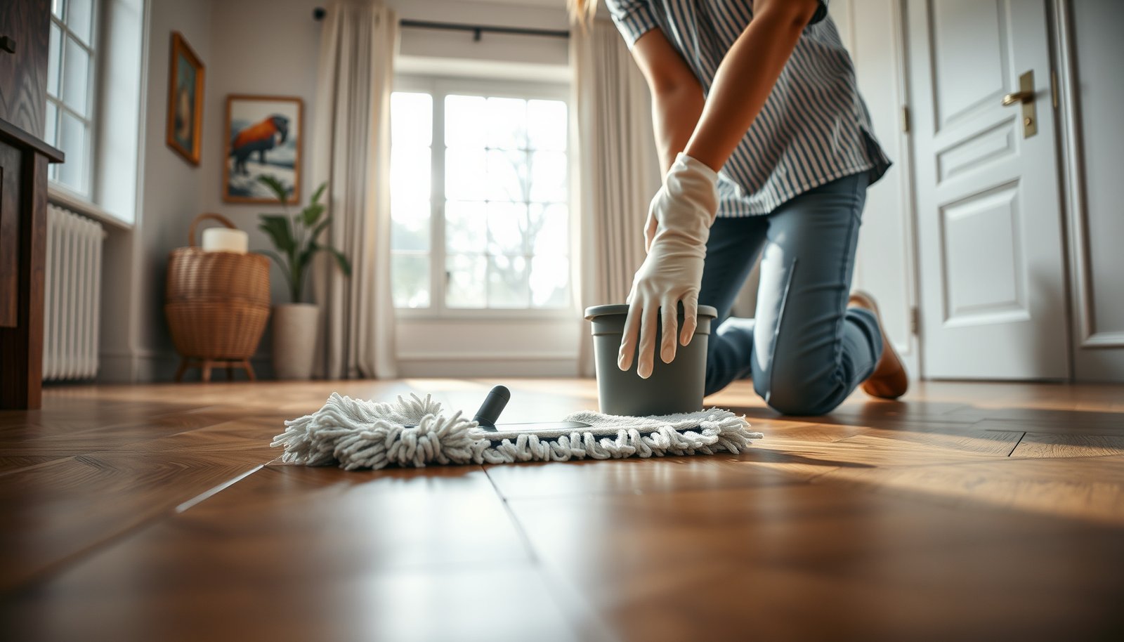 A person deep cleaning parquet floors with safe cleaning products and equipment.
