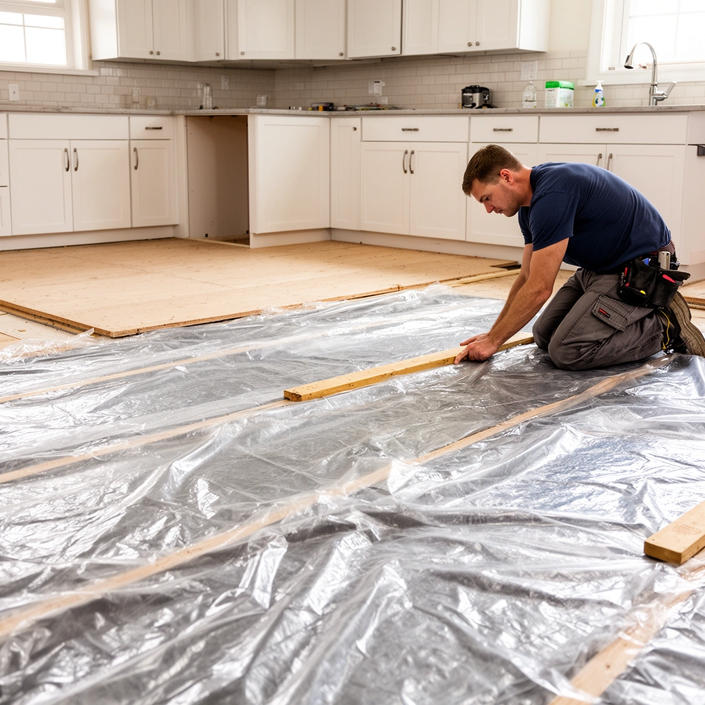 A kitchen floor showing signs of moisture to determine if a vapor barrier is needed under the flooring.