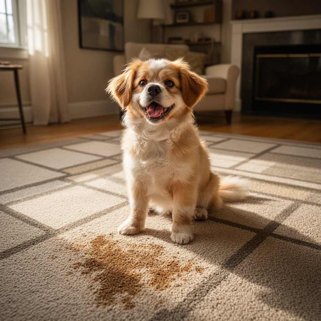 Image showing different types of discoloration on carpet tiles for diagnosis.