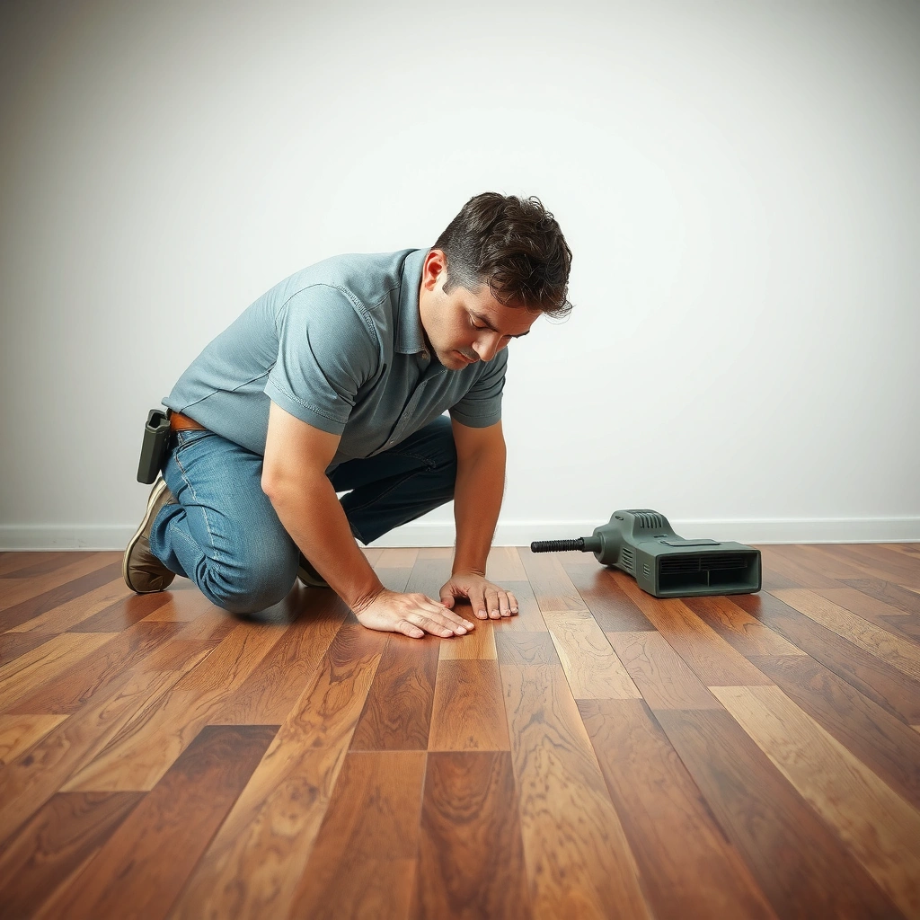 A person inspecting cracks in hardwood floors to identify the cause of damage.