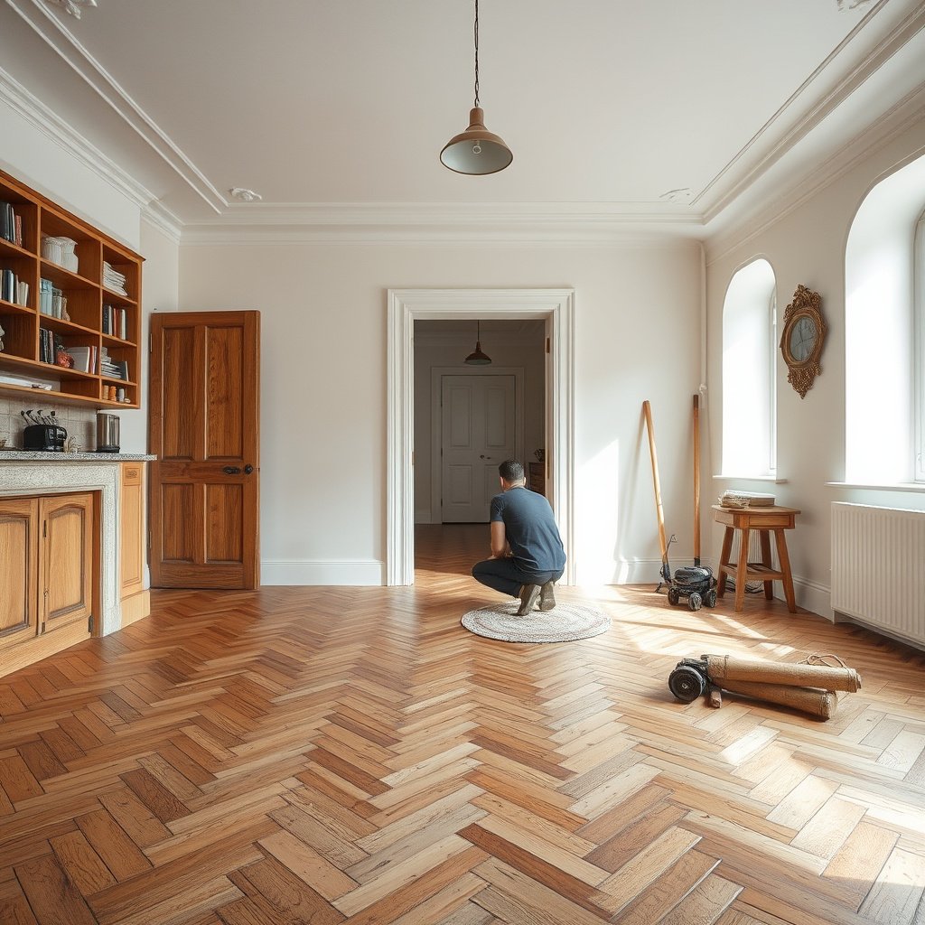 Image showing surface cracks and movement gaps in herringbone flooring for repair diagnosis.