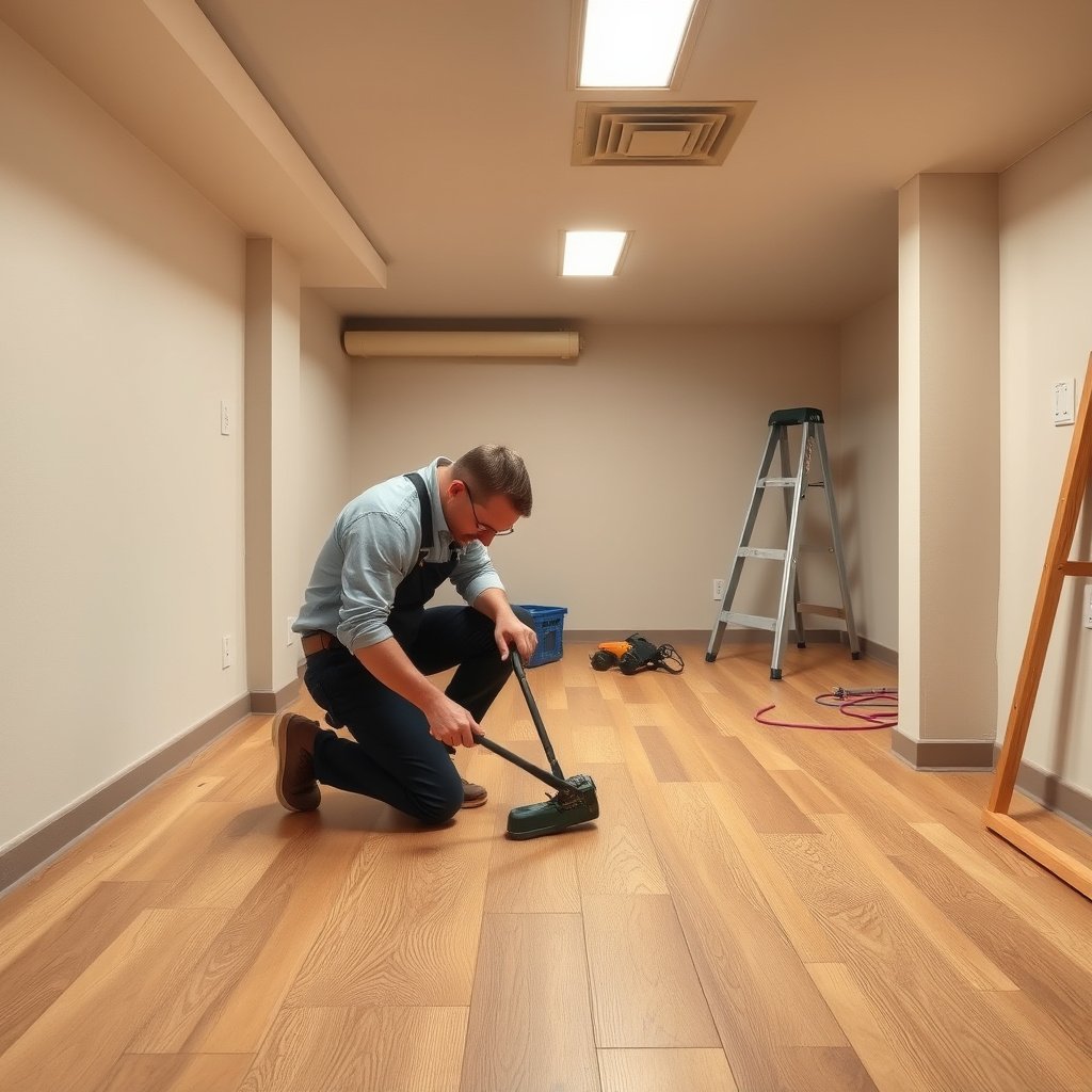 An image showing the process of diagnosing damage and moisture issues in engineered wood floors in a basement.