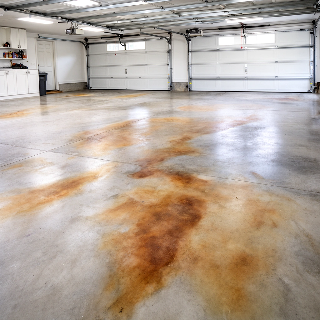 Image showing various types of discoloration on garage floors for diagnosis.