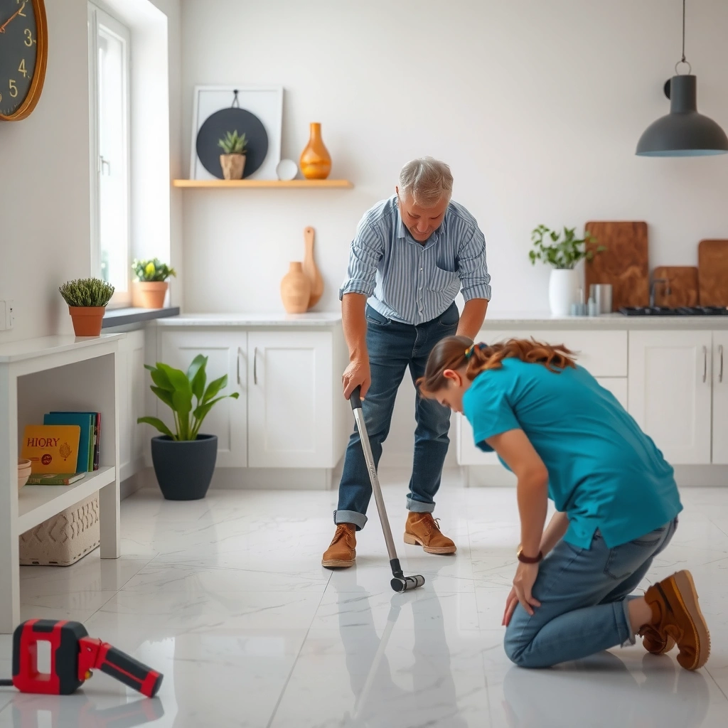 An expert inspecting gaps in a granite floor to determine the cause of the issue.