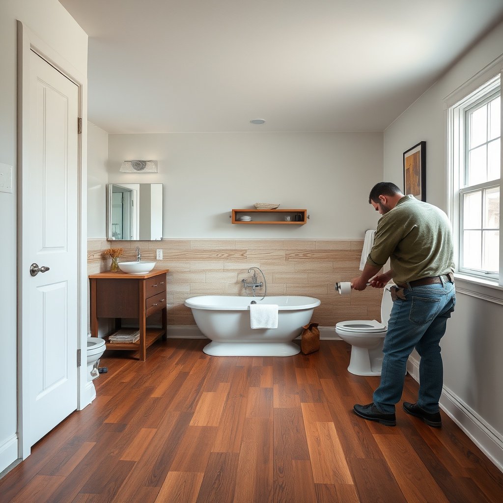 Inspecting hardwood floor damage in a bathroom before sanding repairs