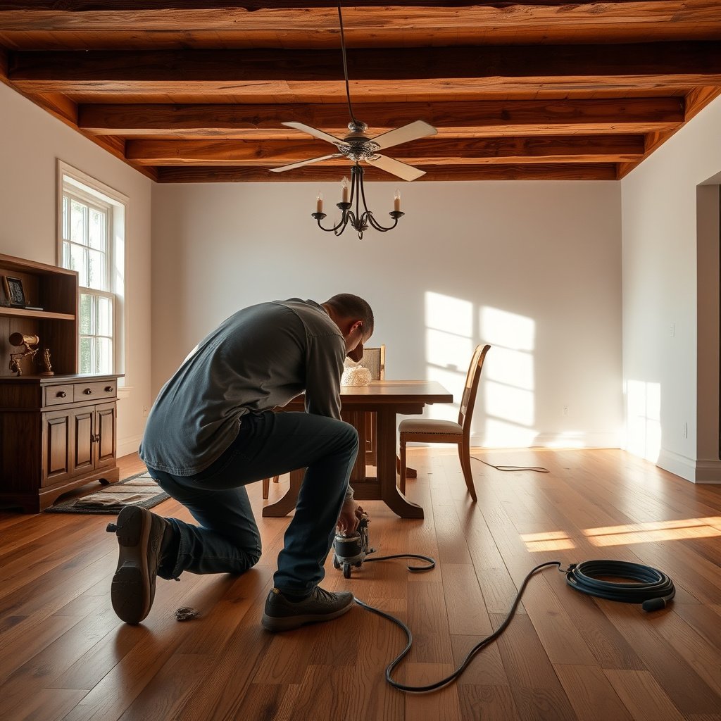 A close-up of damaged hardwood flooring showing various types of wear and tear for repair assessment.
