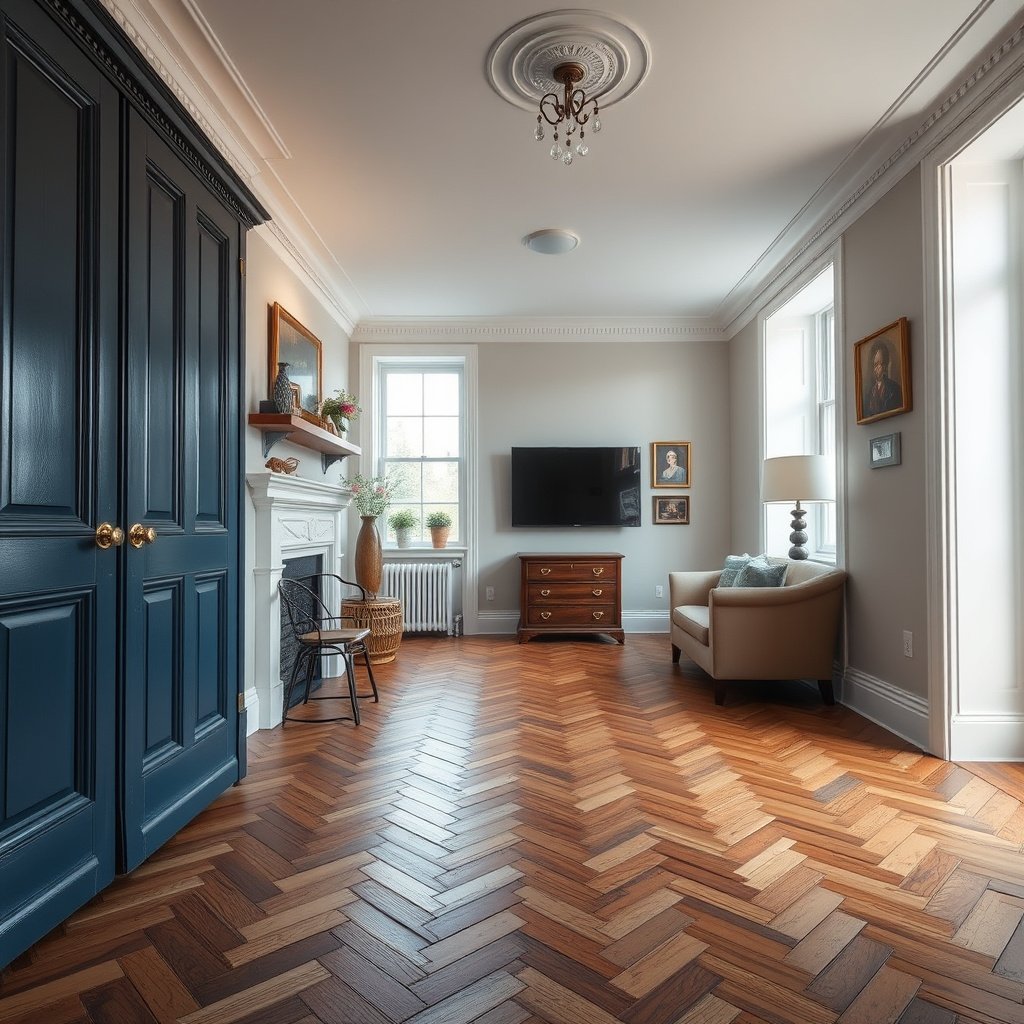 A close-up of a buckling herringbone floor, highlighting the areas needing diagnosis and repair.