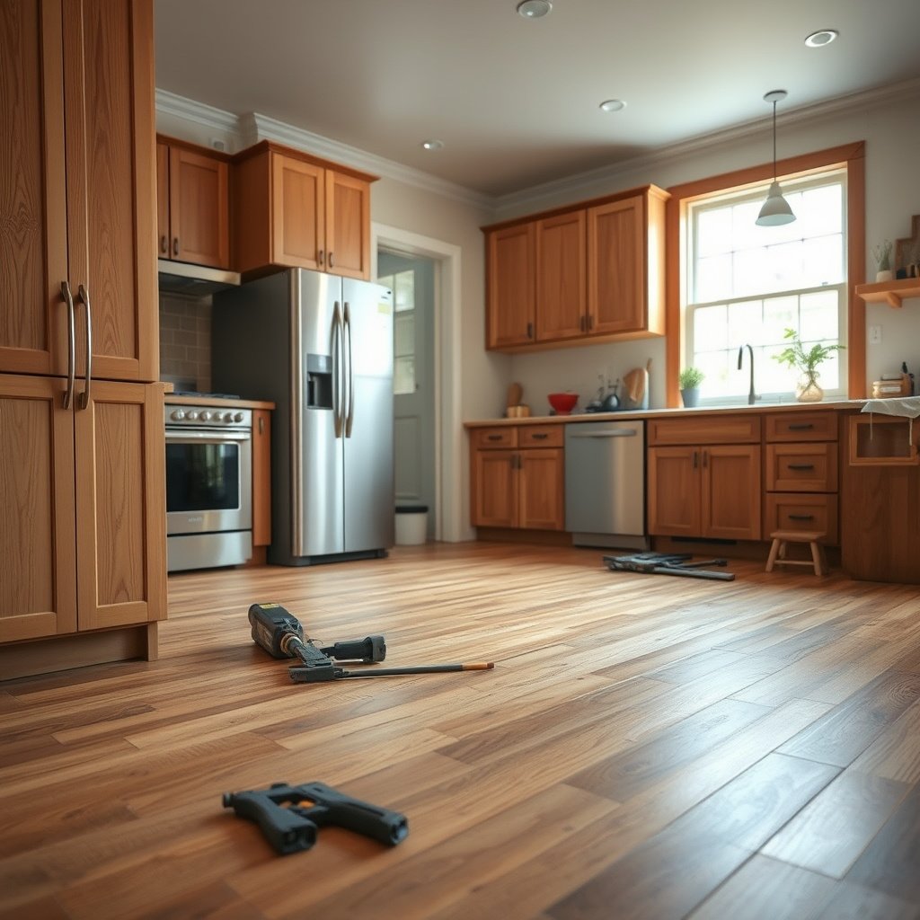 Identifying moisture, wear, or impact problems in hardwood kitchen floors.