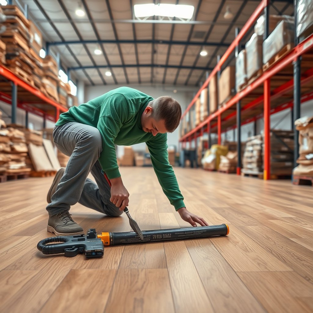 A person inspecting damaged laminate flooring in a warehouse before repairs.