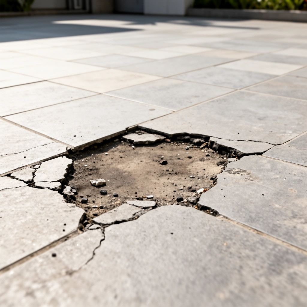 A close-up of an outdoor floor showing signs of lifting, highlighting areas needing repair.
