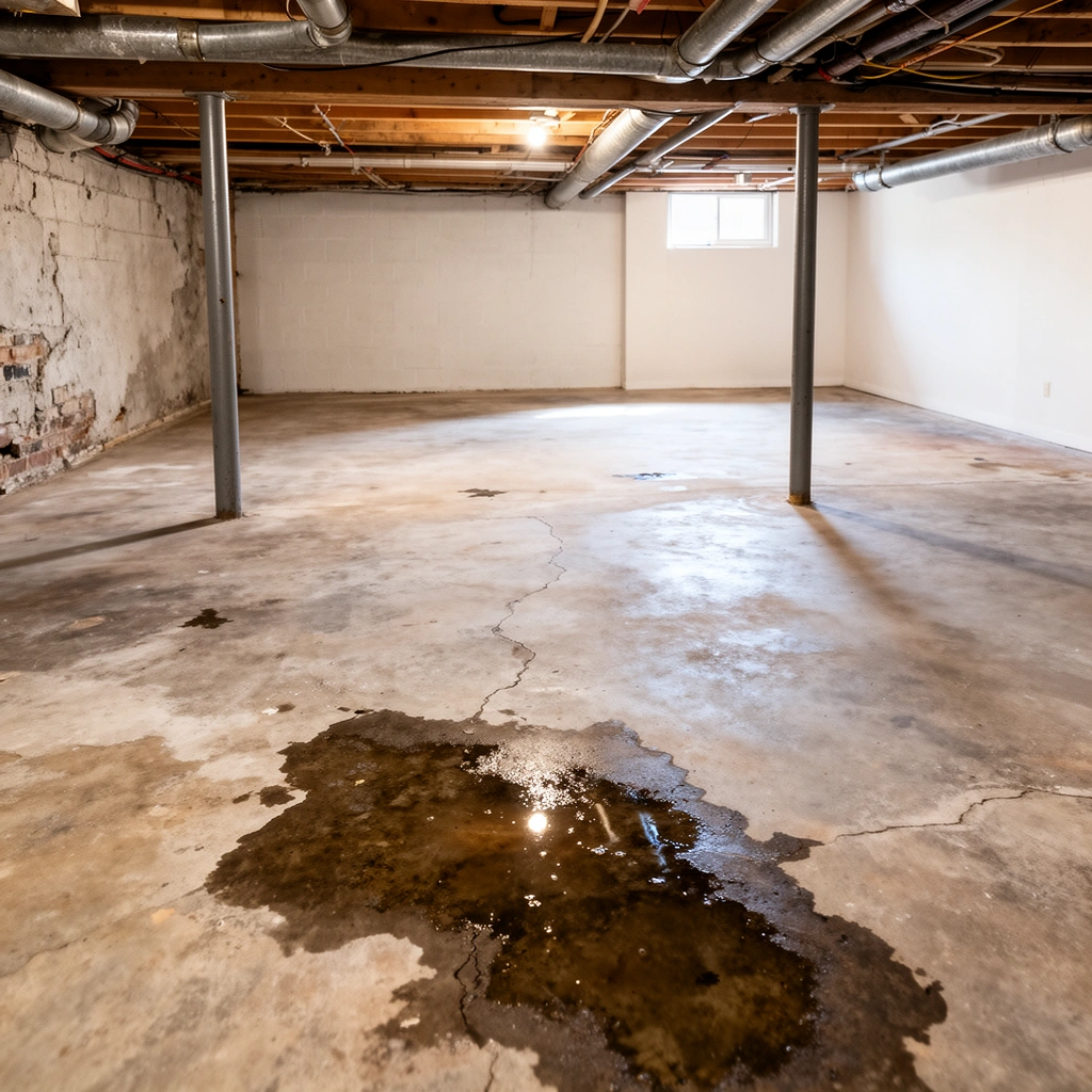 Image showing tools and methods to diagnose moisture and floor condition in a basement before restoration.