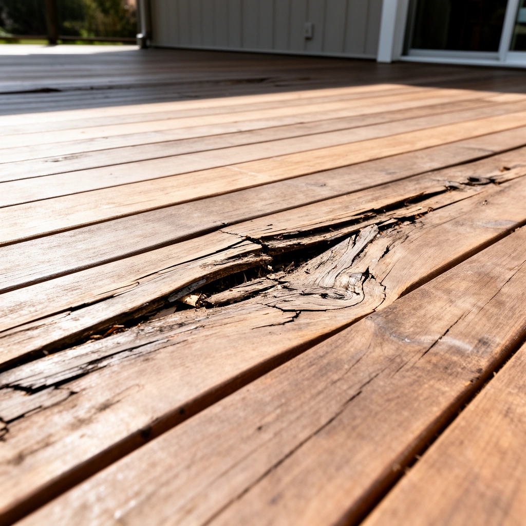 A close-up of buckled outdoor flooring, highlighting the causes of the issue for quick diagnosis.
