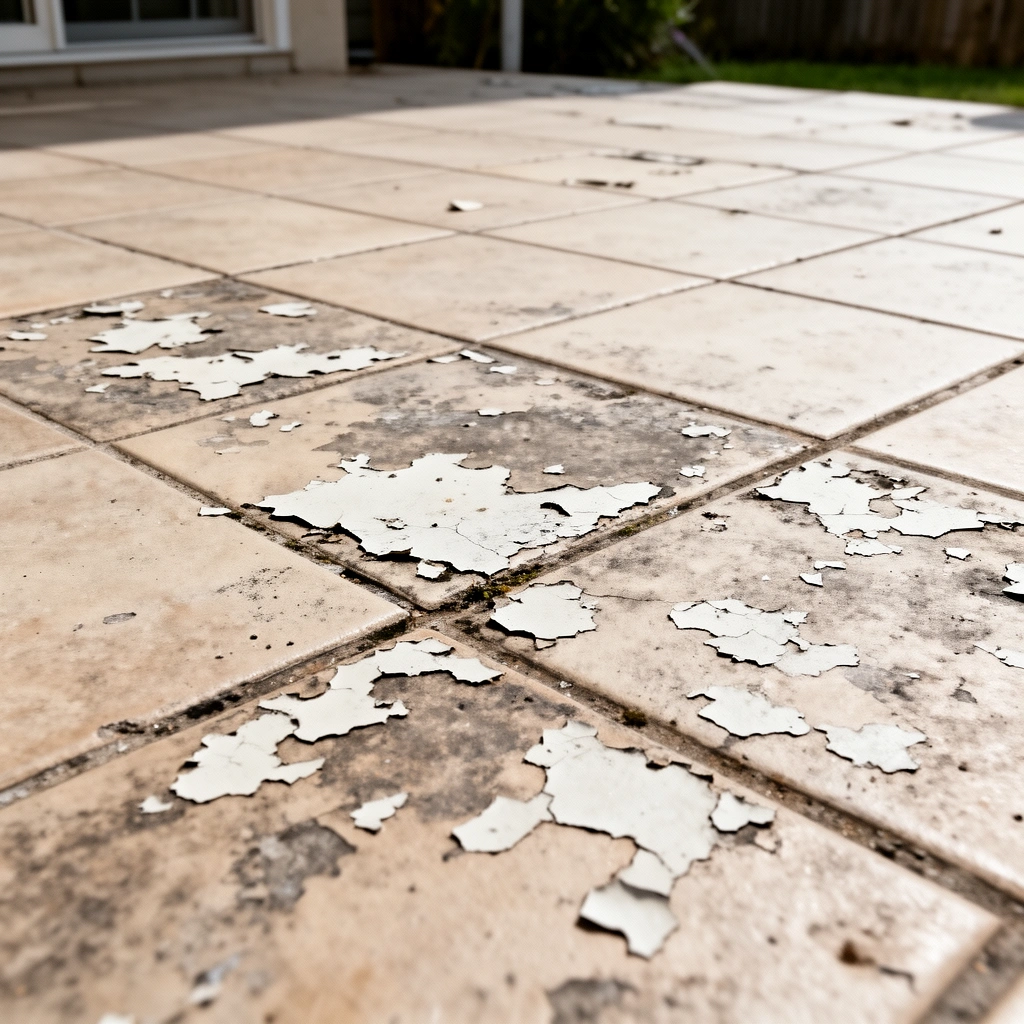 A close-up of a peeling patio floor showing signs of damage and wear, illustrating diagnosis for repairs.