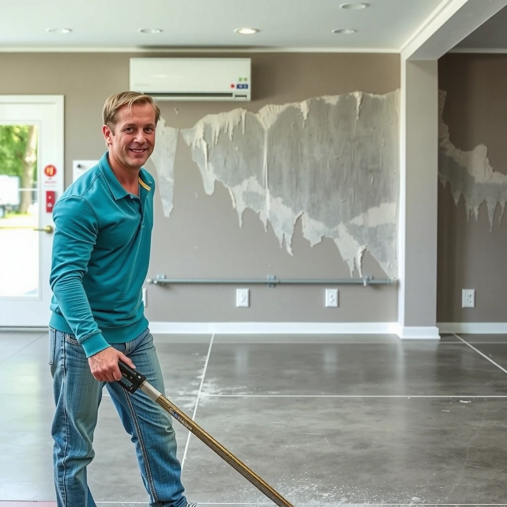 An expert inspecting peeling concrete floors to diagnose the issue and identify repair solutions.