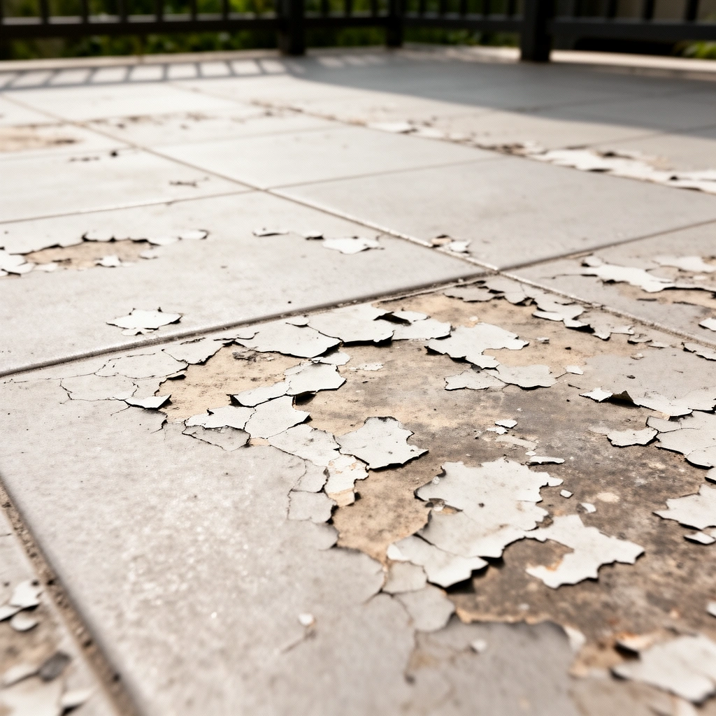 Close-up of peeling outdoor floor showing damage patterns for diagnosis before repair.